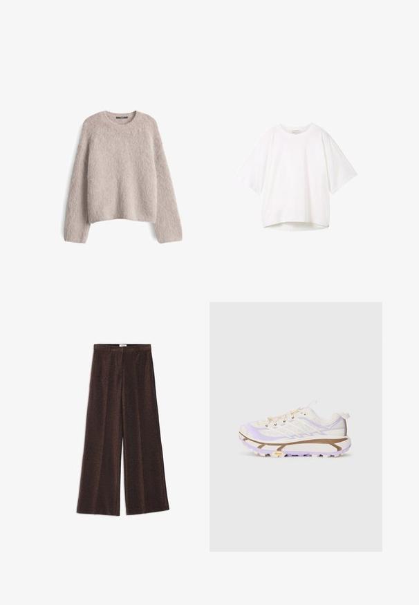Pull en tricot fuzzy beige clair, à manches longues et col rond, présenté à plat sur un fond blanc.; T-shirt blanc à manches courtes avec un col rond, coupe décontractée et ourlet légèrement courbé. Fabriqué en tissu lisse et doux avec des coutures minimales.; Pantalons amples marron avec un léger éclat, présentant une texture lisse et deux plis à l'avant pour plus de forme. Pas de quincaillerie ni d'accents visibles.; Baskets de course légères avec une tige en mesh crème et lavande, semelle en caoutchouc renforcée et rainures distinctives pour une adhérence optimale.