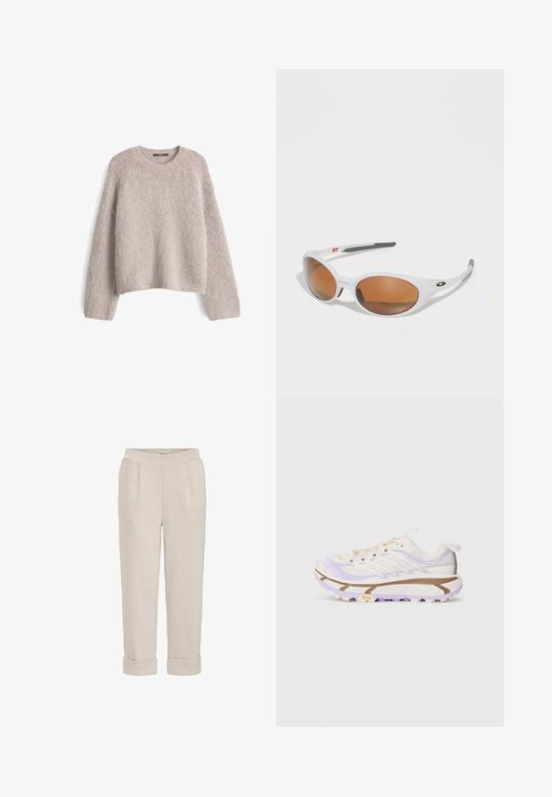 Maglione in misto beige chiaro, morbido e lavorato a maglia, con maniche lunghe e scollatura rotonda, mostrato disteso su uno sfondo bianco.; T-shirt bianco a maniche corte con scollo rotondo, vestibilità comoda e orlo leggermente curvo. Realizzato in un tessuto liscio e morbido con cuciture minime.; Pantaloni beige chiaro in morbido tessuto, con una vestibilità rilassata, orli arrotolati e tasche laterali con una texture liscia.; Scarpe da corsa leggere con una tomaia in rete color crema e lavanda, suola in gomma rinforzata e scanalature distintive per una migliore trazione.; Occhiali da sole bianchi con lenti marroni, forma ovale, realizzati in plastica liscia, con dettagli grigi sulle aste e un logo sulla montatura.