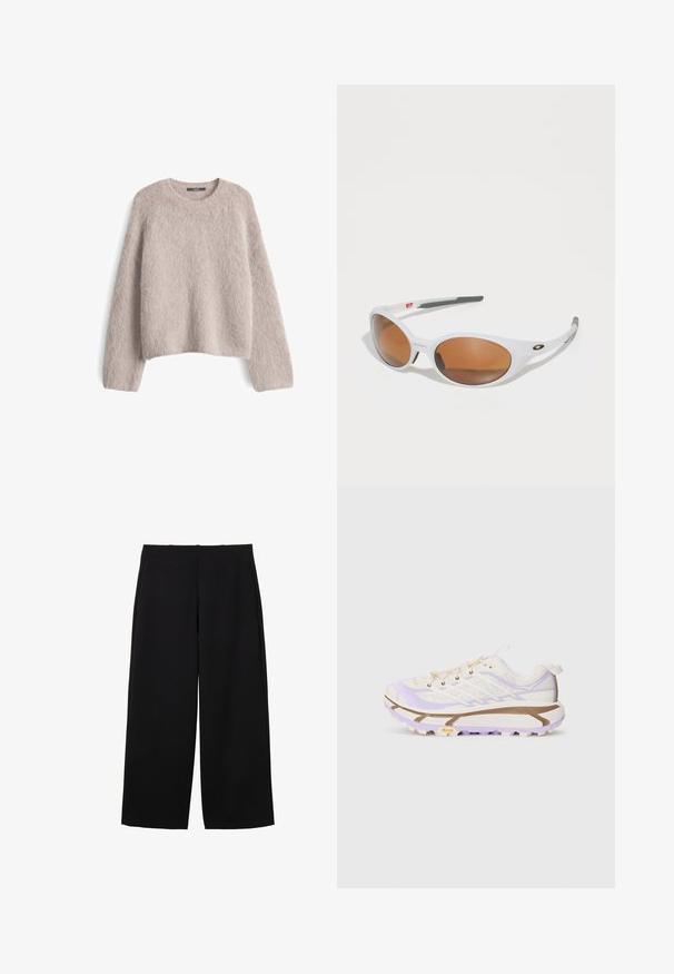 Maglione in misto beige chiaro, morbido e lavorato a maglia, con maniche lunghe e scollatura rotonda, mostrato disteso su uno sfondo bianco.; T-shirt bianco a maniche corte con scollo rotondo, vestibilità comoda e orlo leggermente curvo. Realizzato in un tessuto liscio e morbido con cuciture minime.; Pantaloni neri a gamba larga realizzati in un tessuto strutturato con vita alta, caratterizzati da pieghe frontali e un design pulito. Nessuna tasca o hardware visibile.; Scarpe da corsa leggere con una tomaia in rete color crema e lavanda, suola in gomma rinforzata e scanalature distintive per una migliore trazione.; Occhiali da sole bianchi con lenti marroni, forma ovale, realizzati in plastica liscia, con dettagli grigi sulle aste e un logo sulla montatura.