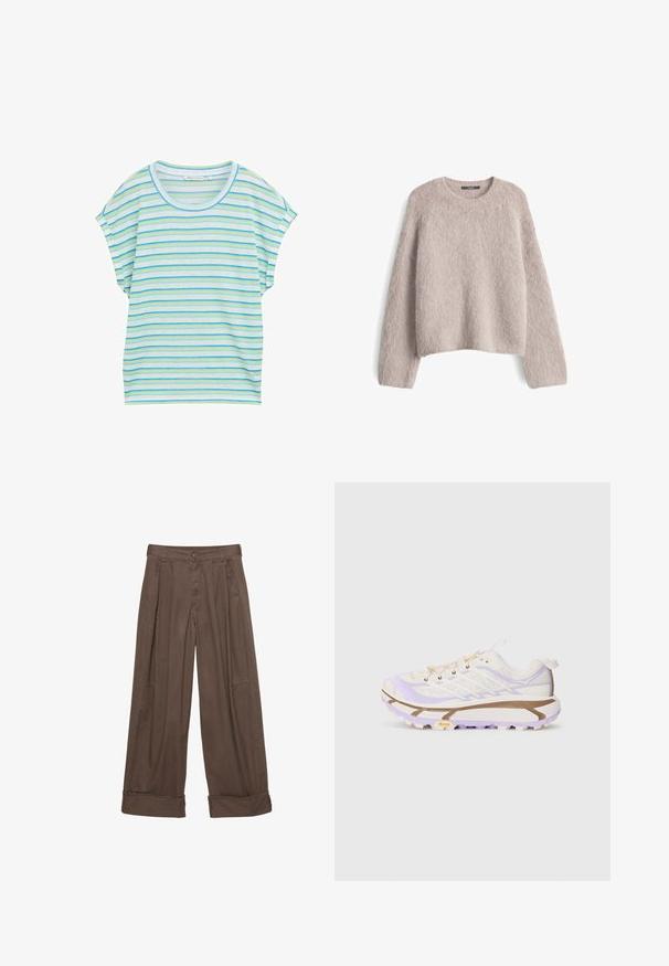 Light beige fuzzy knit sweater with long sleeves and crew neckline, displayed flat on a white background.; Striped short-sleeve top in light blue, green, and white. Features a round neckline and loose fit with a soft, breathable fabric.; Brown wide-leg trousers made of cotton, featuring a button closure, pleated front, and rolled cuffs for a relaxed fit.; Lightweight running shoes with a cream and lavender mesh upper, reinforced rubber sole, and distinctive grooves for traction.
