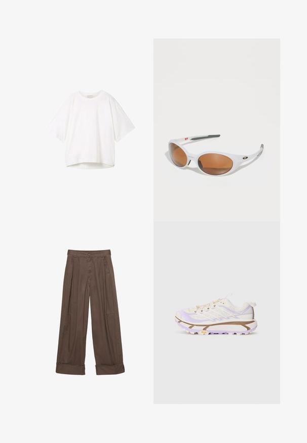 Maglione in misto beige chiaro, morbido e lavorato a maglia, con maniche lunghe e scollatura rotonda, mostrato disteso su uno sfondo bianco.; T-shirt bianco a maniche corte con scollo rotondo, vestibilità comoda e orlo leggermente curvo. Realizzato in un tessuto liscio e morbido con cuciture minime.; Pantaloni larghi marroni in cotone, con chiusura a bottone, motivo plissè frontale e orli arrotolati per una vestibilità rilassata.; Scarpe da corsa leggere con una tomaia in rete color crema e lavanda, suola in gomma rinforzata e scanalature distintive per una migliore trazione.; Occhiali da sole bianchi con lenti marroni, forma ovale, realizzati in plastica liscia, con dettagli grigi sulle aste e un logo sulla montatura.; Bandana blu navy con motivi a paisley e a pois bianchi, bordato con dettagli intricati bianchi. Tessuto morbido con forma quadrata.