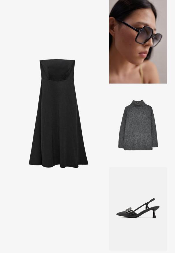 Sivý pletený rolák s uvoľneným strihom, rebrovanými manžetami a spodným lemom a štruktúrovanou väzbou. Chrbát je jednoduchý bez ďalších detailov.; Čierne šaty bez ramienok s priliehavým korzetom a splývavú sukňou s dĺžkou po zem. Vyrobené z hladkej tkaniny bez viditeľných vzorov alebo akcentov.; Simmi London DALA - Klasické lodičky na opätku - black; Čierne oversized slnečné okuliare s hrubým rámom, s gradientovými sklami a kovovými akcentmi na poliach. Záber zblízka, ktorý zdôrazňuje kontúry tváre.; Čierna kožená kabelka s prehnutým dizajnom, zlatými kovovými detailmi a horným uchom. Má elegantné zatvorenie a hladký povrch.