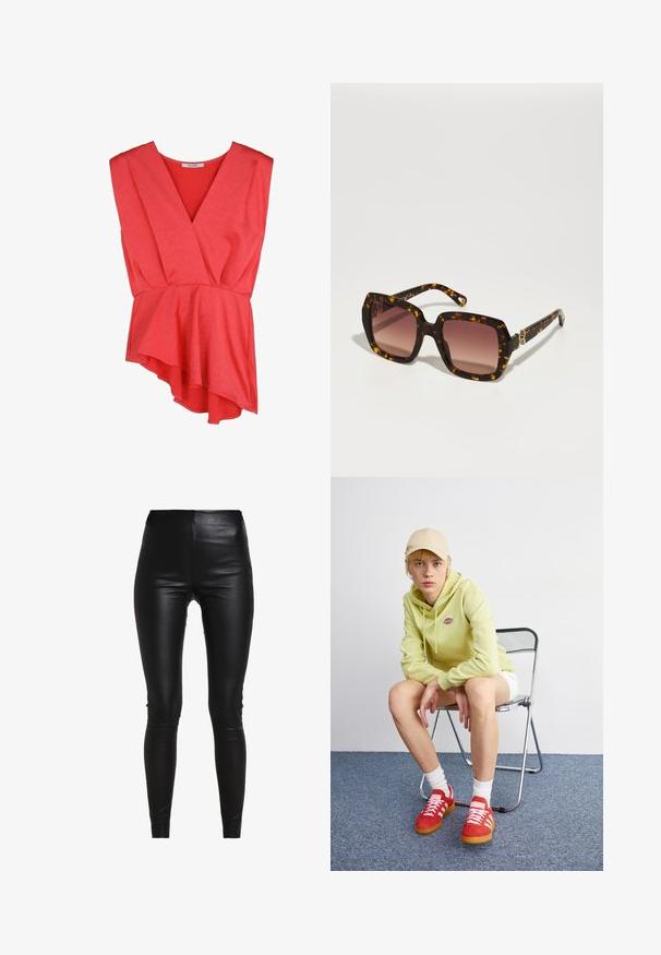 Harmaa neulepusero, jossa on korkeakauluksellinen malli, rento istuvuus, ribatulla hihansuilla ja helmalla, sekä teksturoitu kudonta. Takana on yksinkertainen, ei lisäyksityiskohtia.; Punainen, hihaton kietaisupaita, jossa on syvä V-pääntie ja helmassa röyhelö. Valmistettu pehmeästä kankaasta, jossa on hieno tekstuuri.; Mustat tekonahkalegginsit, joissa on korkea vyötärö, muotoa myötäilevä malli, sileä pinta sekä ei näkyviä saumoja tai koristeluja.; Vaaleanvihreä huppari, jossa on logo, valkoiset shortsit, punaiset tennarit valkoisilla raidoilla, istuu kromisessa taitettavassa tuolissa neutraalia taustaa vasten.; CHLOÉ Aurinkolasit - havana/red; Musta nahkainen käsilaukku, jossa on kaareva muotoilu, kultasävyiset yksityiskohdat ja yläkahva. Sisältää tyylikkään sulkijan ja sileän pinnan.