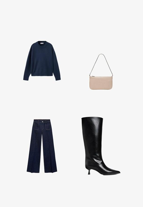Maglione blu navy lavorato a maglia con scollatura rotonda, maniche lunghe e polsini e orlo a coste. Texture morbida, vestibilità rilassata, design minimal.; Jeans in denim blu scuro a gamba larga con vita alta, dotati di tasche anteriori e posteriori, cuciture a contrasto e chiusura con bottone.; Stivale nero in pelle, alto fino al ginocchio, con punta affusolata, silhouette slim e tacco basso a blocco, con una finitura lucida.; Borsa rettangolare beige con una texture liscia, una tracolla in catena argentata e una chiusura a zip nella parte superiore. Design semplice e minimalista.; Guanti in pelle marrone con una superficie liscia, dotati di cinque dita, polsino elastico e cuciture decorative lungo il bordo.