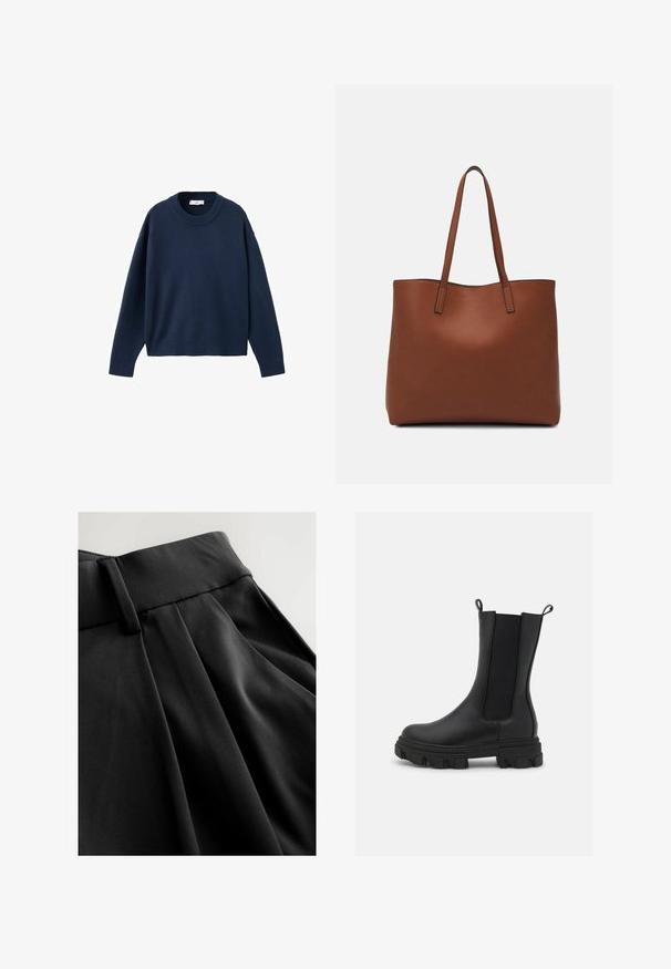 Tmavomodrý pletený sveter s okrúhlym výstrihom, dlhými rukávmi a rebrovanými manžetami a lemom. Mäkká štruktúra, voľný strih, minimalistický dizajn.; Čierne nohavice s hladkou, ľahkou textúrou, vybavené prispôsobeným pásom a záhybmi vpredu, zdôrazňujúce štruktúrovanú siluetu.; Čierne Chelsea čižmy vyrobené z kože a elastického materiálu, s robustnou gumovou podrážkou s výrazným vzorom a ťahacími pútkami pre jednoduché obúvanie.; Hnedá kožená taška na rameno s hladkou textúrou, otvoreným vrchom a dvoma ramenými popruhmi. Má minimálne šitia a žiadne viditeľné kovania.