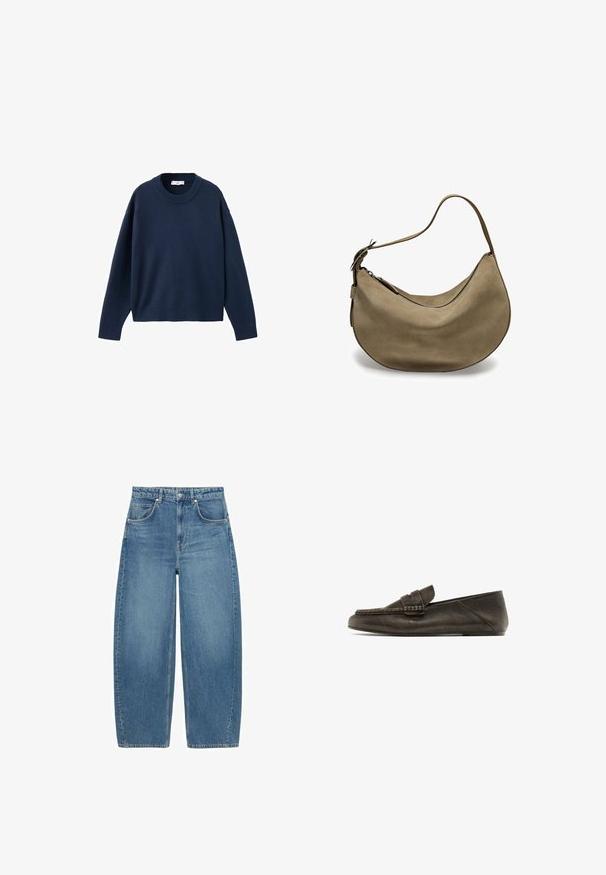 Navyblauwe gebreide trui met een ronde halslijn, lange mouwen en geribbelde boorden en onderrand. Zachte textuur, ontspannen pasvorm, minimalistisch ontwerp.; Blauwe hoge taille wijde jeans met voorkruiden en knoopsluiting, plat weergegeven op een witte achtergrond.; Bruine leren instapschoenen met een ronde neus, voorzien van een decoratieve strikaccent, een gladde textuur en een profiel met een lage zool.; Bruine suède hobo tas met een gebogen vorm, enkele schouderband, ritsluiting en een gladde textuur. Eenvoudig ontwerp met minimale hardwaredetails.