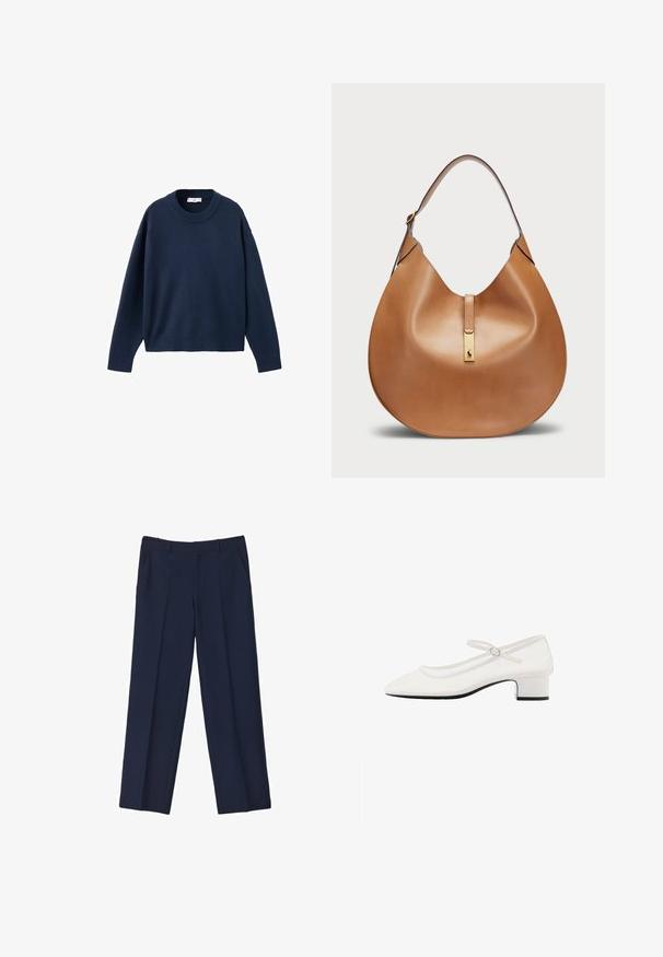 Námořnická modrá pletená svetr s kulatým výstřihem, dlouhými rukávy a žebrovanými manžetami a spodním lemem. Měkká textura, volný střih, minimalistický design.; Náměsíčně modré kalhoty s rovnými nohavicemi, které mají přední záhyby a boční kapsy. Tkanina vypadá hladce a strukturovaně.; Bílé lakované Mary Jane boty s kulatou špičkou, středně vysokým silným podpatkem a nastavitelným páskem s kovovou sponou.; Kabelka z hladké koženky v tan barvě, s křivkovým tvarem a širokým ramenním popruhem. Obsahuje zlatý kovový akcent ve středu a hladký povrch.