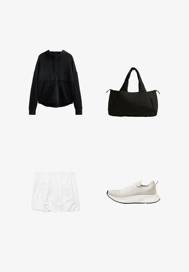Zwarte cropped hoodie van zacht materiaal. Heeft een hoge halslijn, koordjes, een voorzak en brede mouwen met ribgebreide manchetten.; Witte off-shoulder top van lichtgewicht stof, met bloemenborduursel en geplooid ontwerp langs de elastische halslijn.; Witte sportieve schoen met een gestructureerde gebreide bovenkant en flexibele zool, met decoratieve veters en een pulltab aan de achterkant.; Zwarte draagtas met een puffy textuur, voorzien van twee korte handvatten en een zijvak dat met een trekkoord is afgesloten. Eenvoudig, hoekig ontwerp.
