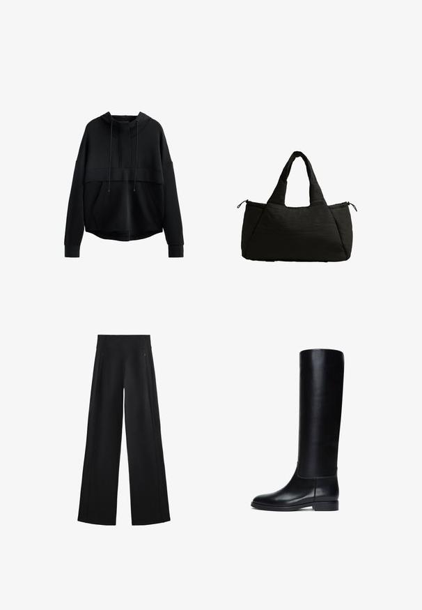 Black cropped hoodie made of soft material. Features a high neckline, drawstrings, a front pocket, and wide sleeves with ribbed cuffs.; Wide-leg black pants made of a soft fabric, featuring a high waistband and two zippered pockets, with subtle seams along the sides.; Black leather knee-high boots with a smooth finish, rounded toe, and a low block heel. Features clean lines and minimalistic design.; Black tote bag with a puffy texture, featuring two short handles and a side pocket secured with a drawstring. Simple, angular design.
