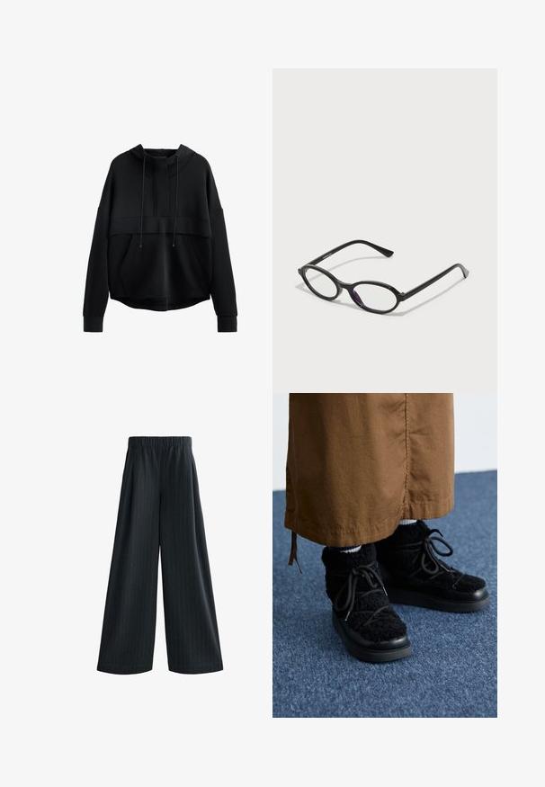 Black cropped hoodie made of soft material. Features a high neckline, drawstrings, a front pocket, and wide sleeves with ribbed cuffs.; Wide-leg trousers in dark fabric, featuring vertical pinstripes, elastic waistband, and a smooth texture. Tailored design with ample drape.; Black fuzzy sneakers with a platform sole, featuring laces, soft texture, and a rounded toe. Paired with brown fabric below.; Black oval-frame glasses with translucent purple accents on the lenses. Frames have a matte finish and slender, straight temples.