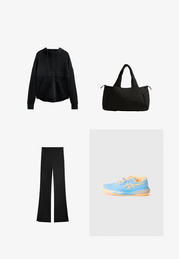Fekete, rövidített kapucnis pulóver puha anyagból. Magas nyakkivágással, zsinórokkal, elülső zsebbel és széles ujjakon bordázott mandzsettákkal rendelkezik.; Fekete nadrág, széles szárakkal, magas derékkal és oldalsó hasítékokkal a könnyű mozgás érdekében. Simító, rugalmas anyagból készült.; Világoskék sportcipő narancs akcentussal; hálós felsőrész, kerek orr és textúrált talp a tapadás érdekében. Márkázott részletek és fűzők jellemzik.; Fekete táska pufi textúrával, két rövid fogantyúval és oldalzsebbel, amelyet húzózsinór rögzít. Egyszerű, szögletes forma.