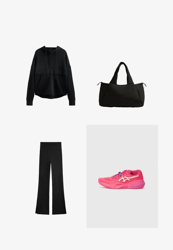 Sort cropped hoodie lavet af blødt materiale. Har en høj halsudskæring, snore, en frontlomme og brede ærmer med ribbede manchetter.; Sorte bukser med bredt ben-design, featuring en høj talje og sideslids for nem bevægelse. Fremstillet af et glat, strækbart stof.; Sportssko i livlig pink, med mesh-struktur, minimalistisk design, hvide detaljer og blå snørebånd. Buet sål med aerodynamisk form.; Sort tote bag med en puffet tekstur, der har to korte håndtag og en sidelomme, der er sikret med en snor. Enkel, kantet design.