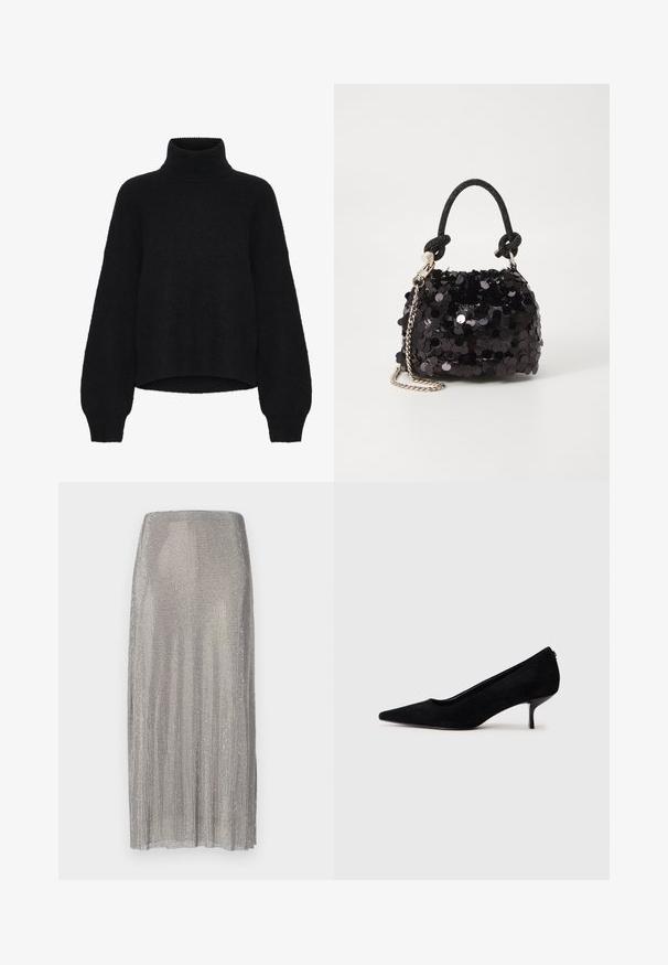 Black turtleneck sweater with a cropped design, made from fluffy fabric. Features wide sleeves and a ribbed texture at the collar.; Silver pleated skirt made of metallic mesh, featuring a straight silhouette and a smooth texture with a subtle sheen.; Black suede high heel shoe with a pointed toe and a slim, low heel. Smooth texture with a sleek design, featuring no visible hardware.; Black sequin mini handbag with a knotted textured strap and silver chain. Rounded shape with gathered top and reflective detailing.