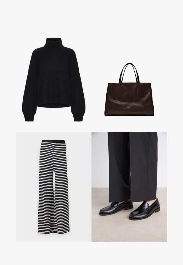 Black turtleneck sweater with a cropped design, made from fluffy fabric. Features wide sleeves and a ribbed texture at the collar.; Black and white striped wide-leg pants with a smooth texture and an elastic waistband, featuring a relaxed fit and seam detailing.; Black leather loafers with a smooth finish, stitched detailing around the toe, and a low rubber sole. Paired with wide black trousers.; Massimo Dutti Handbag - brown