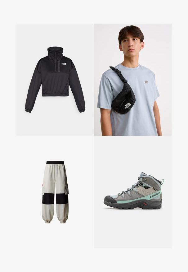 Felpa corta nera con colletto alto, zip a metà, dettagli a coste e logo The North Face sul petto. Realizzata in tessuto morbido.; The North Face HIMALAYAN - Pantaloni cargo - white dune tnf black; Scarponi da trekking grigi con tomaia in pelle testurizzata e mesh, punta in gomma nera e dettagli in verde menta. Presentano una suola ammortizzata e un sistema di allacciatura.; Borsa a tracolla nera in nylon con tracolla regolabile, caratterizzata da un logo bianco prominente. Indossata su una t-shirt azzurro chiaro. Design semplice e funzionale.