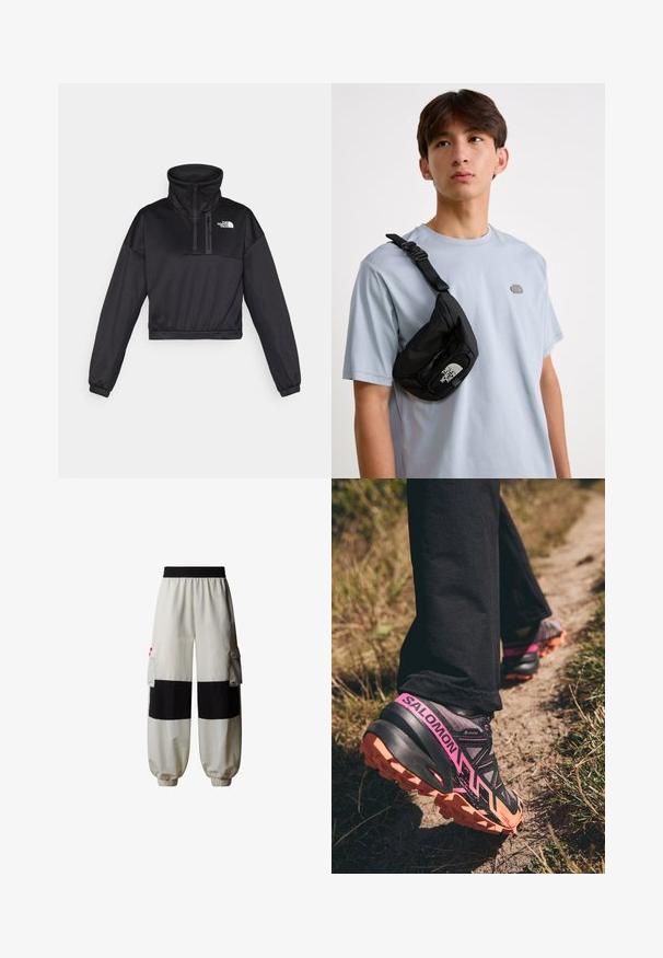 Schwarzer, cropped Pullover-Sweatshirt mit hohem Kragen, halbem Reißverschluss, gerippten Akzenten und dem North Face-Logo auf der Brust. Hergestellt aus glattem Stoff.; The North Face HIMALAYAN - Cargohose - white dune tnf black; Salomon SPEEDCROSS 6 GTX - Laufschuh Trail - moonscape/black/bird of paradise; Schwarze Nylon-Crossbody-Tasche mit verstellbarem Riemen, die ein auffälliges weißes Logo trägt. Wird über einem hellblauen T-Shirt getragen. Schlichtes, funktionales Design.