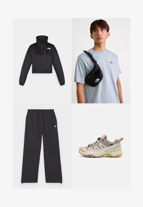 Černý zkrácený svetr s vysokým límcem, polovičním zipem, žebrovanými detaily a logem The North Face na hrudi. Vyrobeno z hladkého materiálu.; Černé sportovní kalhoty vyrobené z jemné tkaniny, s volným střihem, elastickým pasem, postranními kapsami a malou červenou nášivkou na přední straně.; Lehké turistické boty s béžovým a mátově zeleným designem. Texturovaný svršek, gumová podrážka, rychlý systém šněrování a kontrastní žluté detaily.; Černá nylonová crossbody taška s nastavitelným popruhem, vybavená výrazným bílým logem. Nošena přes světle modré tričko. Jednoduchý, funkční design.