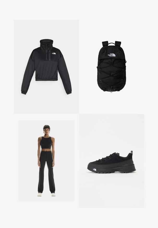 Sweatshirt noir court avec un col montant, fermeture éclair mi-longue, accents côtelés et logo The North Face sur la poitrine. Fabriqué en tissu lisse.; On STUDIO - Leggings - black; Baskets de plein air noires avec une tige en daim, semelle en caoutchouc texturé et un système de laçage robuste. Comprend un talon renforcé et un logo de la marque sur le côté.; Sac à dos noir avec un compartiment principal zippé, design de cordon élastique, bretelles rembourrées et un logo à l'avant ; fabriqué en tissu durable.
