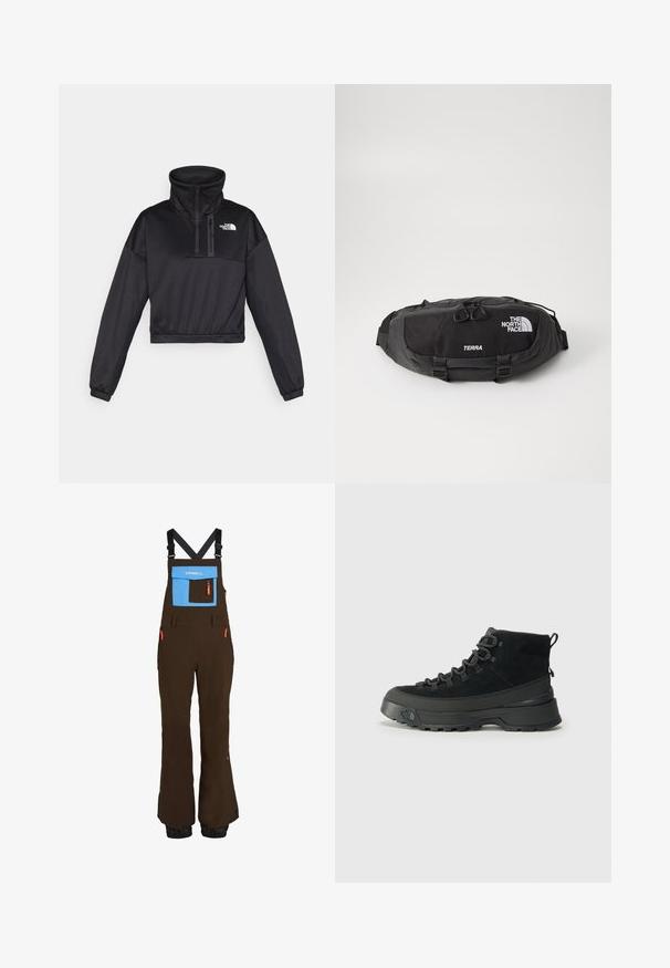 Zwarte cropped pullover sweatshirt met hoge kraag, halve rits, ribgebreide accenten en het The North Face-logo op de borst. Gemaakt van gladde stof.; Bruine skibroek met verstelbare zwarte banden, een blauwe borstzak, oranje ritsen en elastische boorden bij de enkels voor een strakke pasvorm.; Zwarte wandelschoen met een bovenwerk van suede, stevige rubberen zool en versterkte ogen voor de veters. Voorzien van een trekband aan de achterkant voor eenvoudig aan- en uittrekken.; Zwarte heuptas van duurzaam nylonmateriaal, met een ritsvak met dubbele ritstrekkers en contrasterend wit logo en tekst. Compact ontwerp met verstelbare banden.