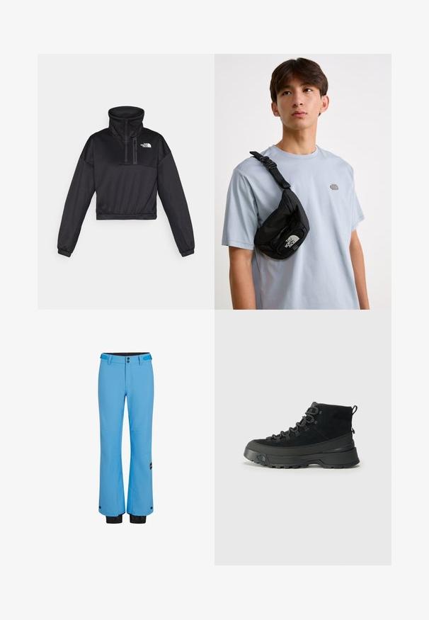 Fekete, rövidített pulóver, magas gallérral, félig cipzárral, bordázott részletekkel és a The North Face logójával a mellen. Simára szőtt anyagból készült.; Kék sínadrág vízhatlan anyagból, egyenes lábszárral, két elülső zsebbel, és fekete elasztikus mandzsettákkal a bokáknál.; Fekete túrabakancs, velúr felsőrésszel, masszív gumitalppal és megerősített fűzőlyukakkal. Hátulján húzófül található a könnyű felhúzás érdekében.; Fekete nylon keresztpántos táska állítható pánttal, kiemelkedő fehér logóval. Világoskék póló felett viselve. Egyszerű, funkcionális dizájn.