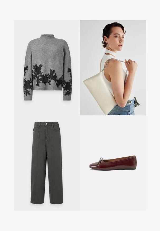 Siv pulover iz pletenine z rebrastim ovratnikom in robom, ki ima črne cvetlične čipkaste aplikacije vzdolž spodnjega dela spredaj, rokavov in manšet.; Temno sivi visok pas široki hlače z sprednjim gumbom in zadrgo, sprednjimi žepi, zankami za pas in vidnimi vertikalnimi šivi.; Burgundska patenti usnjeni baletni čevlji z zaobljenim prstom, majhnim lokom na sprednji strani in nizkim črnim gumijastim podplatom. Gladka tekstura.; Bela pravokotna torbica za ključe iz sijajnega materiala, opremljena s srebrno verižico. Model pozira in prikazuje torbico na enobarvni podlagi.