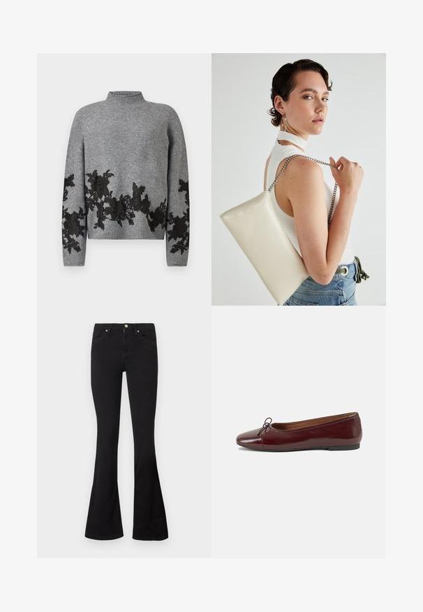 Grauer Strickpullover mit geripptem Kragen und Saum, der mit schwarzer floraler Spitzenapplikation entlang der unteren Vorderseite, Ärmel und Bündchen versehen ist.; Schwarze Hochbund-Jeans mit weit ausgestellten Beinen, vorderem Knopf- und Reißverschluss sowie Fünf-Taschen-Stil auf einem weißen Hintergrund.; Burgunderfarbenes, lackiertes Ballettschuh mit abgerundetem Zehenbereich, kleiner Schleifenakzent vorne und einer niedrigen, schwarzen Gummisohle. Glatte Textur.; Weiße rechteckige Clutch aus glänzendem Material mit einem silbernen Kettenriemen. Das Model posiert und präsentiert die Tasche vor einem schlichten Hintergrund.
