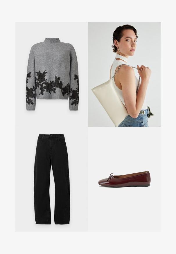 Sivi pleteni pulover s rebrastim ovratnikom i rubom, koji ima crne cvjetne čipkaste aplikacije duž donjeg dijela, rukava i manžeta.; Crne traperice s visokim strukom, širokim nogavicama, pet džepova i klasičnim zatvaranjem na gumb. Glatka tekstura s blagim detaljima šivanja.; Burgundska lakirana balerinka s zaobljenim vrhom, malim mašnom sprijeda i niskom, crnom gumenom potplatu. Glatka tekstura.; Bijela pravokutna torbica s kopčanjem, izrađena od sjajnog materijala, s srebrnim lančićem. Model pozira, prikazujući torbicu na jednostavnoj pozadini.