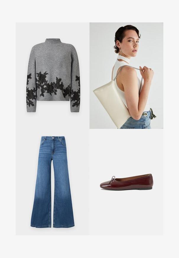 Grå strikkegenser med ribbet krage og hem, med svart blomsterlacetapet langs den nedre fronten, ermene og mansjettene.; Vide benblå jeans laget av denim, med høy midje, frontlommer og en ren hem. Ingen synlige mønstre eller dekorasjoner.; Burgunderrød lakk lær ballettleilighet med rund tå, liten sløyfe foran og en lav, svart gummisåle. Glatt tekstur.; Hvit rektangulær clutch-veske laget av blankt materiale, med en sølvkjede-stropp. Modellen poserer og viser vesken mot en ensfarget bakgrunn.