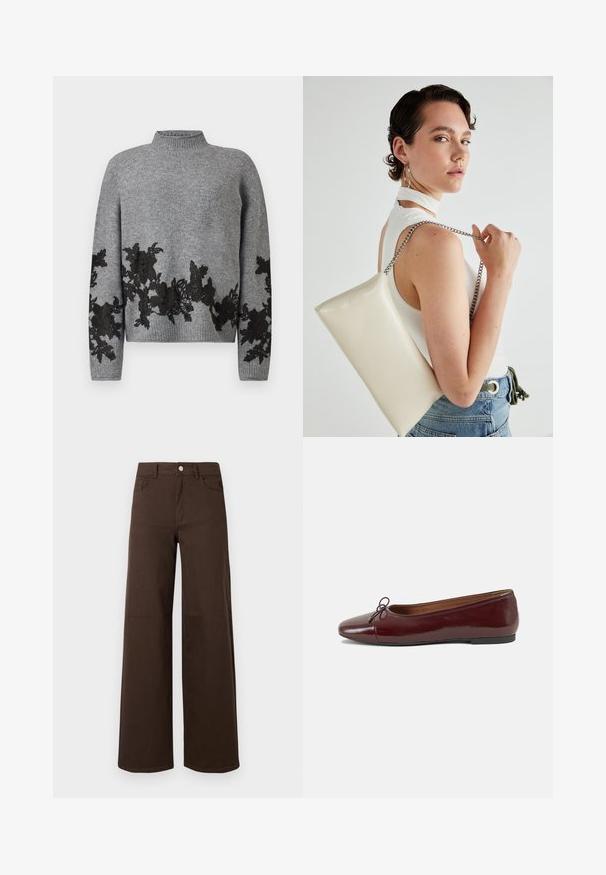 Suéter cinza de malha com gola e barra caneladas, apresentando aplicações de renda floral preta ao longo da parte inferior frontal, mangas e punhos.; Calças largas castanhas feitas de tecido durável, com fecho de botão e design clássico de cinco bolsos. Textura suave com detalhamento mínimo.; Bailarinas em couro sintético borgonha com bico redondo, pequeno laço na frente e sola baixa em borracha preta. Textura suave.; Bolsa de mão retangular branca, feita de material brilhante, com uma alça em corrente prateada. Modelo posa, exibindo a bolsa contra um fundo simples.