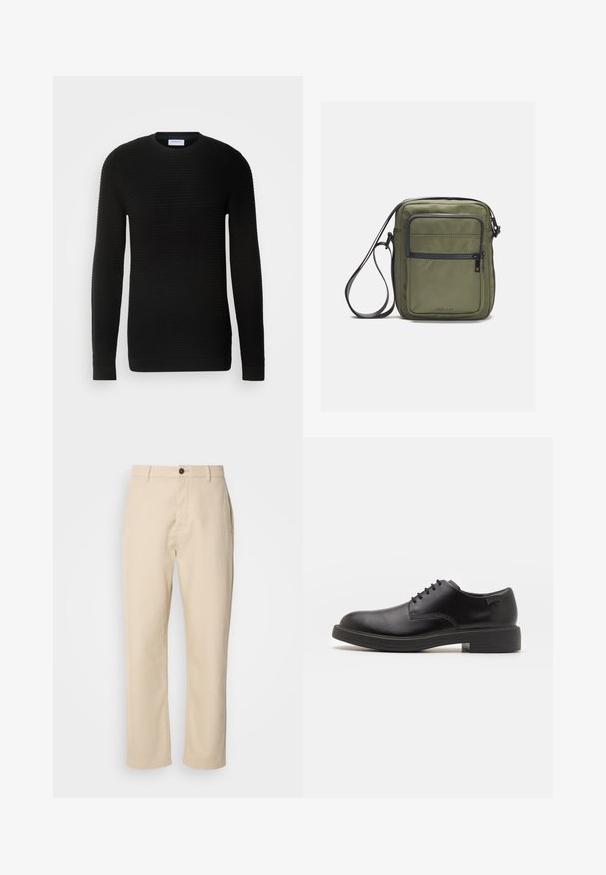 Melnā garo piedurkņu džemperis ar ribotu tekstūru, apaļu kakla izgriezumu un pieguļošām aprocēm. Izgatavots no mīksta, elastīga materiāla.; Beige kokvilnas bikses ar taisnām kājām, priekšējo pogu aizdari, sānu kabatām un gludu tekstūru. Minimālistisks dizains, bez redzamām rakstām.; Melna āda sašūta kurpe ar noapaļotu purngalu, gludu tekstūru, minimālu šuvju skaitu un zemu gumijas papēdi. Logo uz papēža.; Olīvu zaļš plecu soma ar gludu tekstūru, ar priekšējo rāvējslēdzēja kabatu un regulējamu siksnu. Izgatavota no izturīga neilona materiāla.