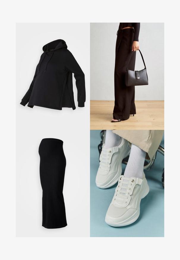 Svart hettegenser med sideåpninger og lange ermer. Laget av mykt stoff, gir den en avslappet passform for komfort.; Sort strikket midi skjørt med en tettsittende design, sømløs midje og rett silhuett. Jevn tekstur uten synlige mønstre.; Hvite sneakers med mesh-materiale, gummisåle, snøret design uten laces og elastiske bånd, samt gulltone detaljer.; Svart håndveske med strukturert form, jevn tekstur og metallisk lås. Kombinert med brede svarte bukser og sandaler med åpen tå på tregulv.
