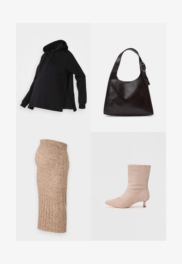 Hanorac negru cu glugă, având fante laterale și mâneci lungi. Fabricat dintr-un material moale, oferă o croială lejeră pentru confort.; Fustă castanie cu nervuri, cu talie elastică, până la genunchi, având o textură netedă și un model uniform, prezentată din lateral pe un fundal alb.; Botine bej din suede, cu vârf ascuțit și toc mic. Textură netedă, cu o siluetă elegantă și un design minim. ; Geantă de umăr din piele maro, cu o textură netedă, formă rotunjită, curea largă și un accent metallic circular pe mânere.