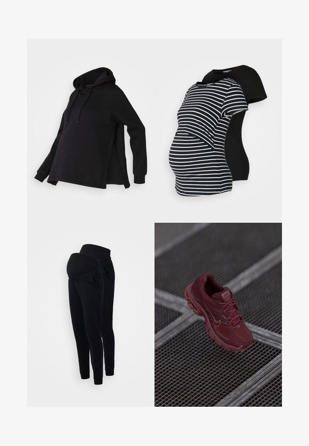 Črna majica s kapuco, z bočnimi razpoki in dolgimi rokavi. Izdelana je iz mehkega blaga, nudi sproščen kroj za udobje.; Dve majice za nosečnice: ena črna, druga črno-bež črtasta. Obe imata kratke rokave in ukrivljen rob, zasnovani za udobje med nosečnostjo.; Črne nosečniške trenirke z obratnim pasom, stranskimi žepi in ozkim krojem. Narejene so iz mehkega, raztegljivega blaga za udobje.; Rdeča tekaška obuvala Nike z mrežasto zgornjim delom, teksturiranimi podrobnostmi, oblazinjenim ovratnikom in debelim podplatom, postavljena nad rešetkasto površino.