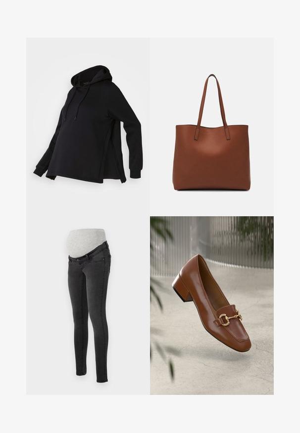Svart hettegenser med sideåpninger og lange ermer. Laget av mykt stoff, gir den en avslappet passform for komfort.; Graviditetsjeans i mørkegrå denim med en myk, grå elastisk midjebånd for komfort. Slim fit-design med standard lommer.; Brun lakkert skinn loafer med firkantet tå, metallkjedeakkent, og lav blokkheel; glatt tekstur, minimalistisk design.; Brun lær tote veske med en jevn tekstur, åpen toppdesign og to skulderstropper. Har minimal søm og ingen synlige spiker.