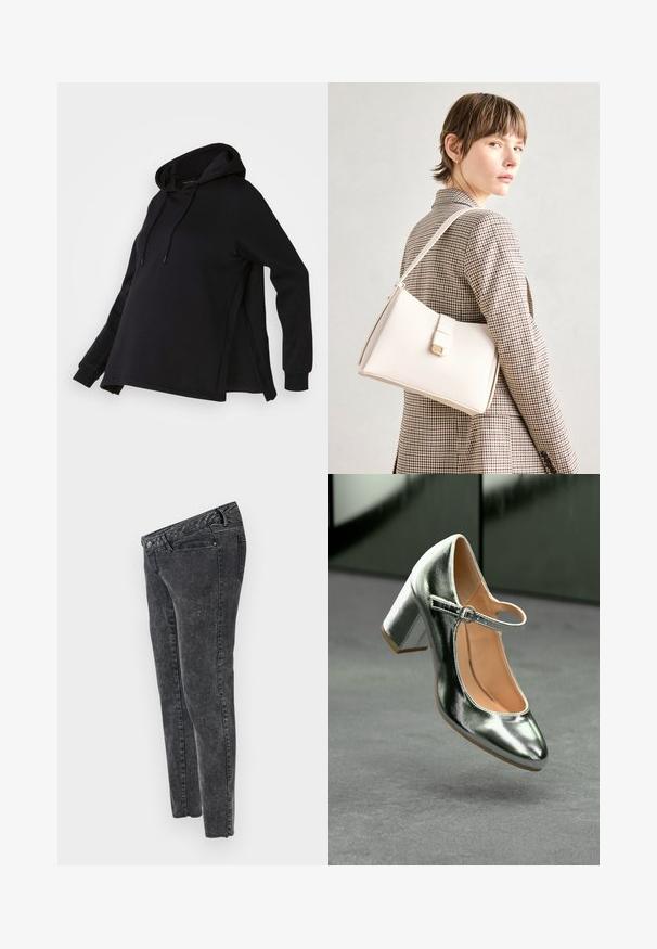 Mustaga kapuutsiga sviiter, külgsuuna lõhedega ja pikkade varrukatega. Valmistatud pehmest kangast, pakub see mugavat ja avarat istuvust.; MAMALICIOUS MLOSAKA - Liibuvad teksad - grey denim; Metallik hõbedane Mary Jane konts, millel on ümar toe, pahkluu rihm ja plokk-konts, millel on sile pind ja heledat tan värvi sisemus.; Valge nahast käekott struktureeritud disainiga, millel on magnetlukk ja õlavarre rihm, esitletud neutraalse tausta ees.