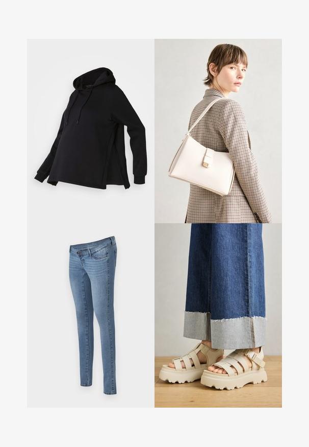 Juodas megztinis su gobtuvu, turintis šoninius iškarpymus ir ilgomis rankovėmis. Pagamintas iš minkštos medžiagos, siūlo laisvą siluetą patogumui.; MAMALICIOUS MLAUKIE - Aptempti džinsai - medium blue denim; Bežiniai platforminiai sandalai su storais padais turi dirželių dizainą ir reguliuojamus kulkšnies dirželius. Dėvimi su plačiais džinsais, vienas apvadas yra susidėvėjęs.; Balto odos rankinė su struktūrizuotu dizainu, turinti magnetinį užsegimą ir petnešą, demonstruojama prieš neutralią foną.