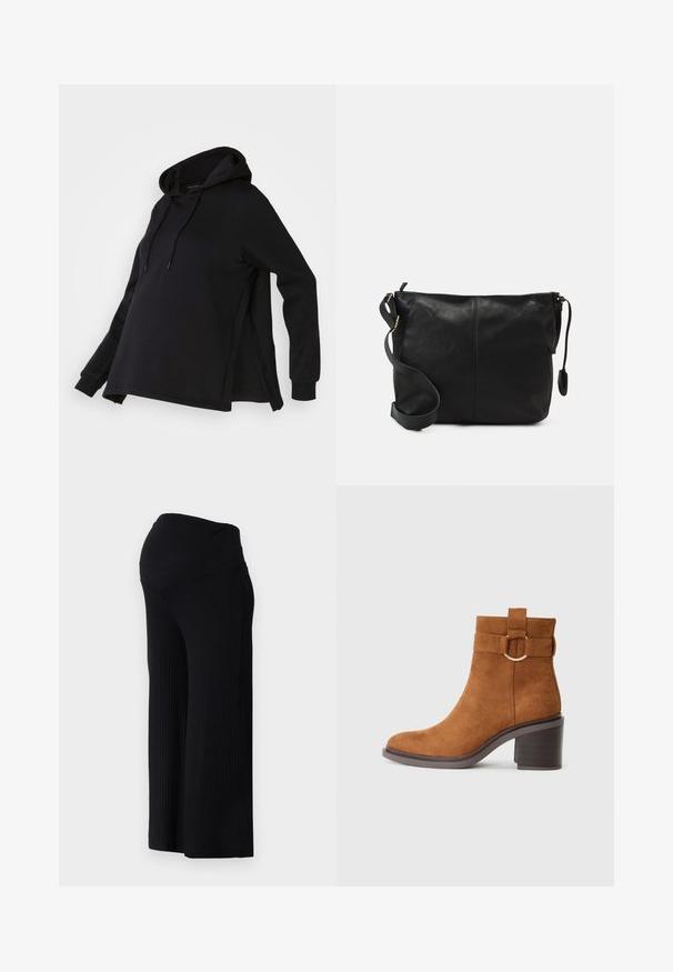 Čierna mikina s kapucňou, so bočnými rozparkom a dlhými rukávmi. Vyrobená z jemného materiálu, ponúka voľný strih pre pohodlie.; Čierne rebrované široké nohavice s vysokým pásom. Materiál je hladký a elastický, čo zabezpečuje voľný strih po celej dĺžke nohavíc.; Hnedé semišové členkové topánky s okrúhlym špičkou, blokovým podpätkom a dekoratívnym pásikom s detailom v tvare kruhového pracky.; Čierna kožená crossbody taška s plochým tvarom, zlatými kovovými akcentmi a nastaviteľným popruhom. Hladký povrch s minimálnymi švíkmi.