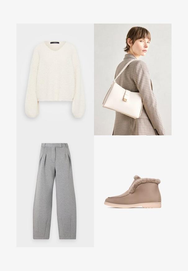 Vit stickad tröja med V-ringning, långa puffärmar och en texturerad yta. Den korta designen förstärker den lösa, bekväma passformen.; Grå vida byxor gjorda av mjukt tyg, med veck framtill, platt midjeband och raka sömmar längs benen.; Beige anklar stövlar med en mjuk pälsdetalj, tyg som liknar mocka, rund tå och en lätt gummisula. Inga framträdande mönster eller metalldetaljer synliga.; Vit läderhandväska med en strukturerad design, med en magnetknäppning och en axelrem, visad mot en neutral bakgrund.