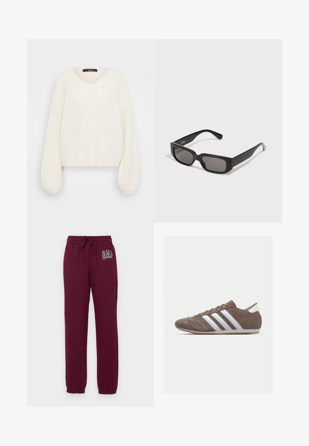 White knit sweater with a V-neck, long puff sleeves, and a textured finish. Cropped design enhances the loose, comfortable fit.; Gap Tall HERITAGE JOGGER - Tracksuit bottoms - ruby wine; Brown suede athletic shoe with white stripes, round toe, lace-up design, and gum rubber sole. Textured upper with stitching details.; Black rectangular sunglasses with gray-tinted lenses, made of smooth plastic. Features a minimalist design with straight arms and subtle branding.; Cream leather shoulder bag with a crescent shape, thin strap, and subtle stitching detail. Minimalist design with gold-tone hardware accents.