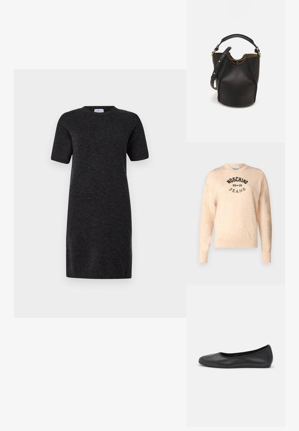 Lichtbeige trui van een zachte breisel, met een ronde hals, lange mouwen en een zwart geborduurd logo met de tekst "Moschino Jeans."; Korte mouwen, donkergrijze jurk van zacht materiaal. Eenvoudige ronde halslijn, rechte snit, knielang met minimale details.; Zwarte leren ballerina met een ronde neus, gladde textuur, minimale stikdetails en een flexibele zoolontwerp.; Zwarte leren emmer tas met een gestructureerde afwerking, gouden hardware accenten en een open bovenkant. Heeft een korte handgreep en een verstelbare schouderriem.