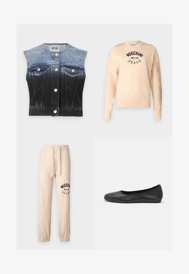Light beige sweater made of a soft knit, featuring a round neckline, long sleeves, and a black embroidered logo with the text "Moschino Jeans."; Denim vest featuring a faded blue to black ombre effect, sleeveless design, two chest pockets, silver buttons, and a curved hem.; Beige sweatpants with elastic cuffs and waistband. Features a black printed logo "MOSCHINO 86 ❤ 23 JEANS" on the left thigh. Soft texture.; Black leather ballet flat with a rounded toe, smooth texture, minimal stitching detail, and a flexible sole design.