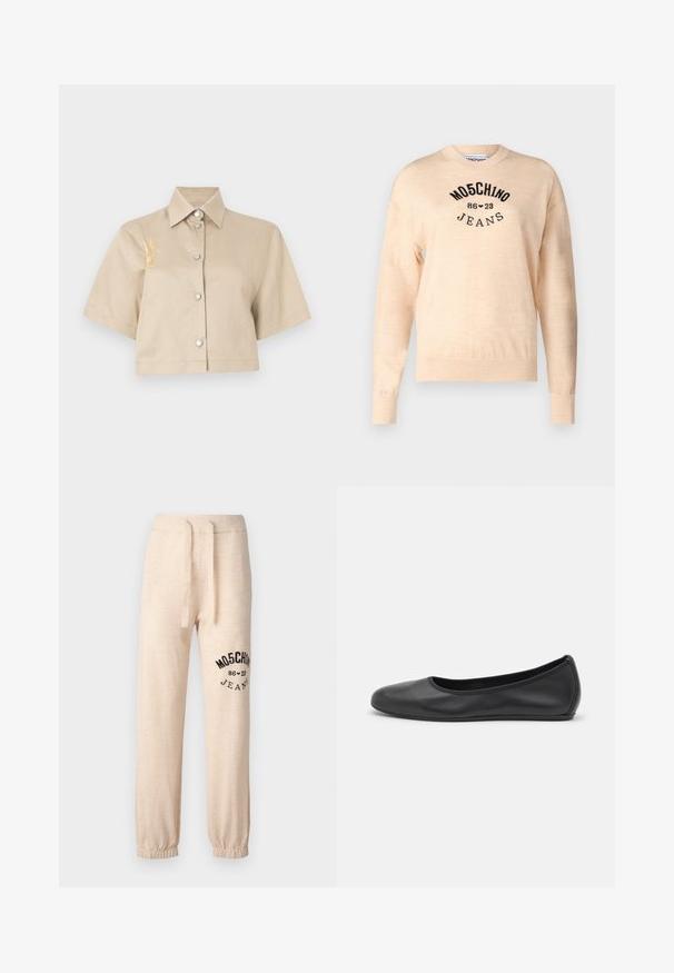 Light beige sweater made of a soft knit, featuring a round neckline, long sleeves, and a black embroidered logo with the text "Moschino Jeans."; Cropped beige shirt with short sleeves, button front, and silver buttons. Features a yellow embroidered detail on the left side.; Beige sweatpants with elastic cuffs and waistband. Features a black printed logo "MOSCHINO 86 ❤ 23 JEANS" on the left thigh. Soft texture.; Black leather ballet flat with a rounded toe, smooth texture, minimal stitching detail, and a flexible sole design.