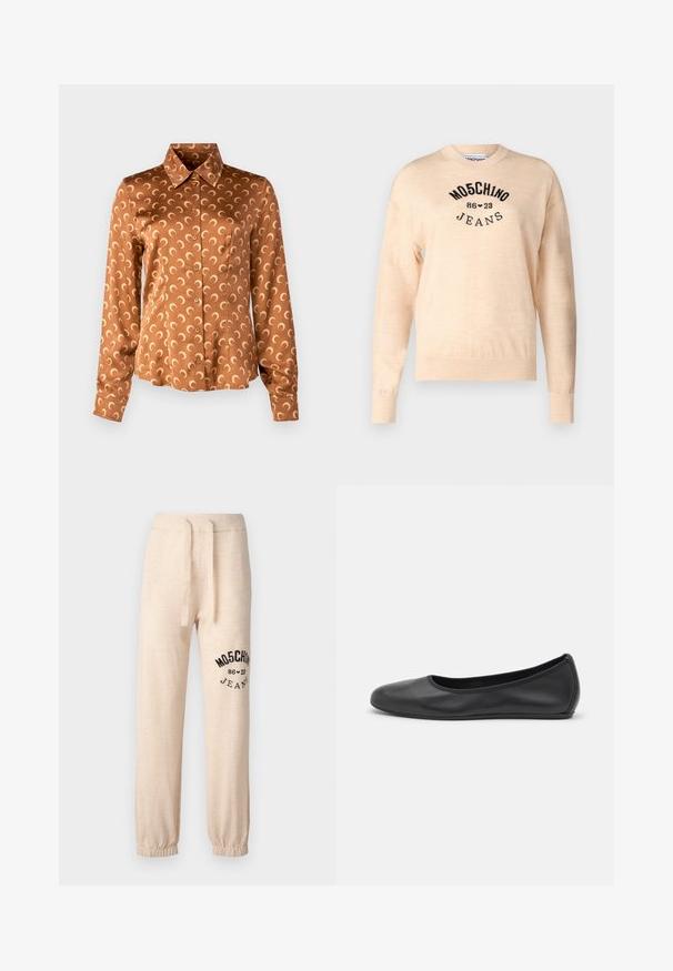 Maglione beige chiaro realizzato in un morbido tessuto a maglia, con scollo rotondo, maniche lunghe e un logo ricamato nero con la scritta "Moschino Jeans."; Camicia marrone con finitura satinata, chiusura con bottoni, colletto e un motivo di mezze lune chiare su tutta la superficie. Maniche lunghe.; Pantaloni jogger beige a vestibilità comoda, realizzati in tessuto morbido, con vita elastica regolabile tramite coulisse e logo/design nero sulla gamba sinistra.; Pantofole da balletto nere in pelle con punta arrotondata, texture liscia, dettagli di cucitura minimi e design con suola flessibile.