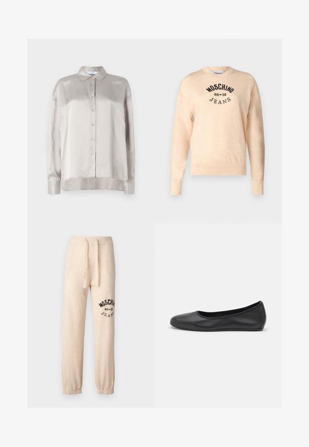 Svetlo bež pulover iz mehkega pletenega materiala, z okroglo izrezom, dolgimi rokavi in črnim vezenim logom z besedilom "Moschino Jeans."; Svetlo bež satenasta srajca z dolgimi rokavi, s sprednjim zapenjanjem na gumb, koničastim ovratnikom in rahlo zaobljenim robom. Gladka tekstura z rahlim leskom.; Bež trenirka z elastičnimi manšetami in pasom. Na levem stegnu se nahaja črn potiskan logotip "MOSCHINO 86 ❤ 23 JEANS". Mehka tekstura.; Črne usnjene balerinke z zaobljenim nosom, gladko teksturo, minimalnimi šivi in fleksibilno zasnovo podplata.