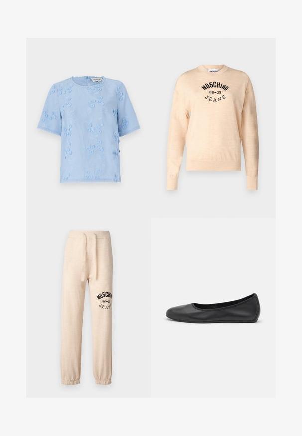 Helles beiges Sweatshirt aus weichem Strick, mit rundem Halsauschnitt, langen Ärmeln und einem schwarzen gestickten Logo mit dem Text "Moschino Jeans."; Himmelbluse mit kurzen Ärmeln, floralem Stickereien, strukturierten Akzenten und gewellten Kanten. Rundhalsausschnitt mit einem Knopfverschluss auf der Rückseite.; Beige Sweatpants mit lockerem Schnitt aus weichem Stoff, ausgestattet mit einem elastischen Bund mit Kordelzug und einem schwarzen Logo/Design am linken Bein.; Schwarze Leder-Ballettschuhe mit abgerundeter Spitze, glatter Textur, minimalen Nähdetails und einem flexiblen Sohlen-Design.