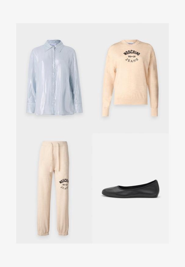 Lys beige sweater lavet af en blød strik, med rund halsudskæring, lange ærmer, og et sort broderet logo med teksten "Moschino Jeans."; Lyseblå, langærmet skjorte i et glansfuldt stof med knappet front, spidse kraver og runde manchetter med knapdetaljer.; Beige sweatpants med elastiske manchetter og talje. Har et sort trykt logo "MOSCHINO 86 ❤ 23 JEANS" på venstre lår. Blød tekstur.; Sort læderballetsko med rund tå, glat tekstur, minimal syning og et fleksibelt såldesign.