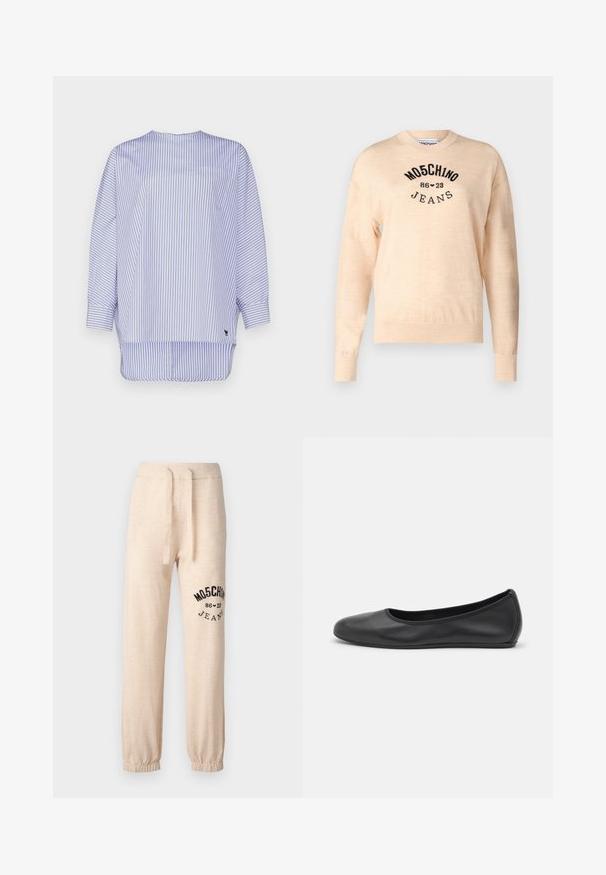 Lys beige sweater lavet af en blød strik, med rund halsudskæring, lange ærmer, og et sort broderet logo med teksten "Moschino Jeans."; Stribet bluse i lyseblå og hvid bomuld. Har en rund halsudskæring, lange ærmer, brystlomme og en buet nederkant med sideskår.; Beige sweatpants med elastiske manchetter og talje. Har et sort trykt logo "MOSCHINO 86 ❤ 23 JEANS" på venstre lår. Blød tekstur.; Sort læderballetsko med rund tå, glat tekstur, minimal syning og et fleksibelt såldesign.