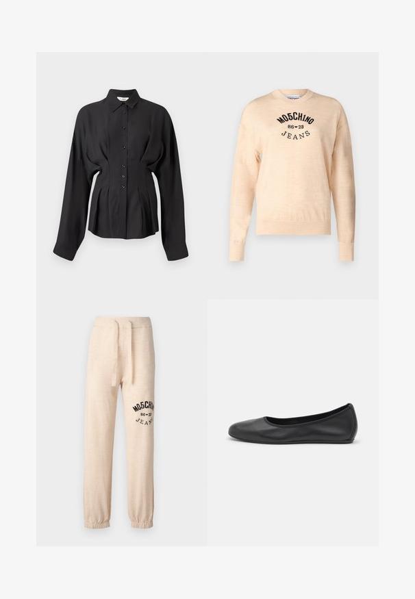 Helles beiges Sweatshirt aus weichem Strick, mit rundem Halsauschnitt, langen Ärmeln und einem schwarzen gestickten Logo mit dem Text "Moschino Jeans."; Schwarzes Langarmshirt aus glattem Stoff, mit einer durchgehenden Knopfleiste, abgerundetem Saum und gerafften Details an der Taille für eine taillierte Passform.; Beige Jogginghose mit elastischen Bündchen und Bund. Auf dem linken Oberschenkel befindet sich ein schwarzes Drucklogo "MOSCHINO 86 ❤ 23 JEANS". Weicher Stoff.; Schwarze Leder-Ballettschuhe mit abgerundeter Spitze, glatter Textur, minimalen Nähdetails und einem flexiblen Sohlen-Design.