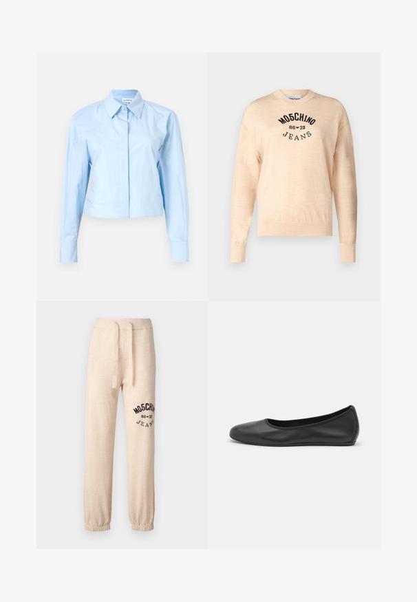 Lys beige sweater lavet af en blød strik, med rund halsudskæring, lange ærmer, og et sort broderet logo med teksten "Moschino Jeans."; Lyseblå cropped langærmet skjorte med knapkrave, lavet af glat stof. Har en frontplacket og strukturerede manchetter.; Beige sweatpants med elastiske manchetter og talje. Har et sort trykt logo "MOSCHINO 86 ❤ 23 JEANS" på venstre lår. Blød tekstur.; Sort læderballetsko med rund tå, glat tekstur, minimal syning og et fleksibelt såldesign.