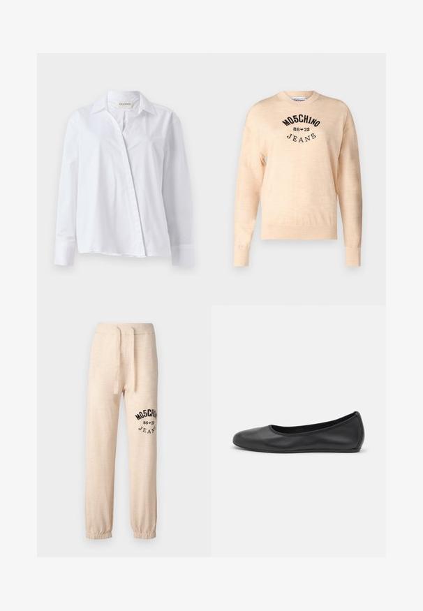 Lys beige sweater lavet af en blød strik, med rund halsudskæring, lange ærmer, og et sort broderet logo med teksten "Moschino Jeans."; Hvid langærmet skjorte lavet af bomuld med spidse kraver og knaplukning foran. Har en afslappet pasform og foldede manchetter.; Beige sweatpants med elastiske manchetter og talje. Har et sort trykt logo "MOSCHINO 86 ❤ 23 JEANS" på venstre lår. Blød tekstur.; Sort læderballetsko med rund tå, glat tekstur, minimal syning og et fleksibelt såldesign.